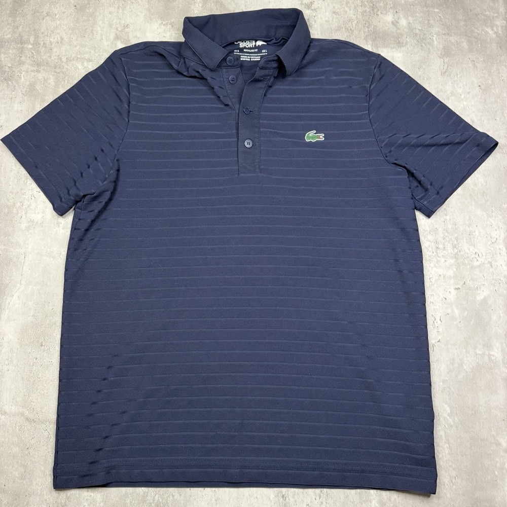 Lacoste Sport Navy Blue Striped Polo Shirt Men's Short Sleeve L Golf Athletic